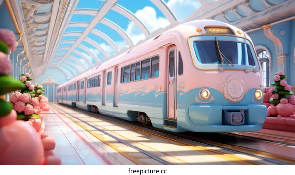 A Pink and Blue Train Pulling into a Station