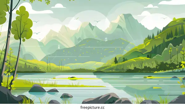 Mountain Lake Landscape Illustration