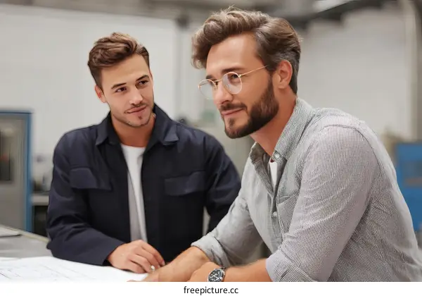 Two Caucasian Men Discussing Industrial Design