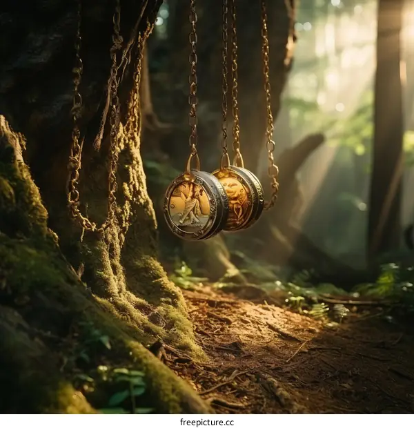 Two golden medallions hanging from chains in a sunlit forest