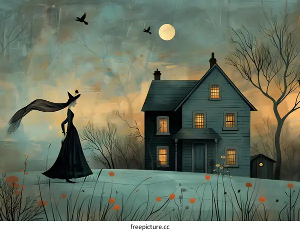 The witch is walking in front of the house