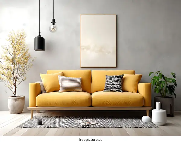 Modern Living Room Interior Design with Mustard Yellow Sofa