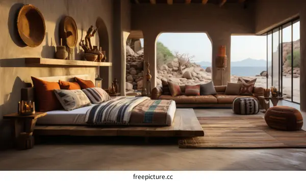 Modern bedroom interior with a stunning view of the mountains and sea
