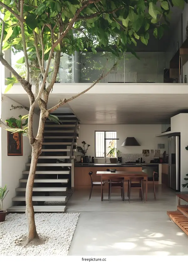 Modern Interior Design with Tree in Staircase