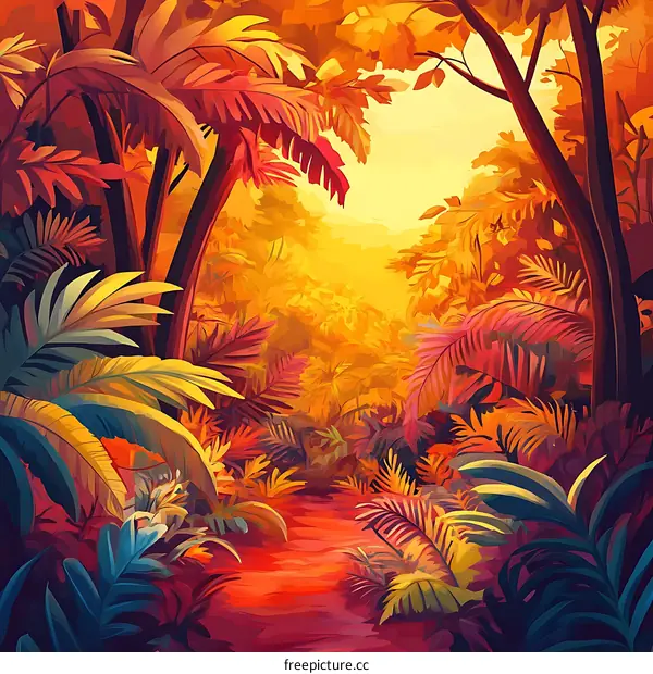 Tropical Jungle with Path and Sunlight