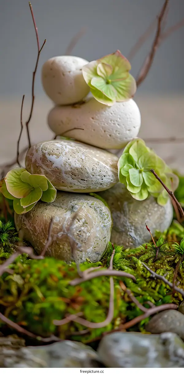 Stack of Stones with Green Leaves and Twigs