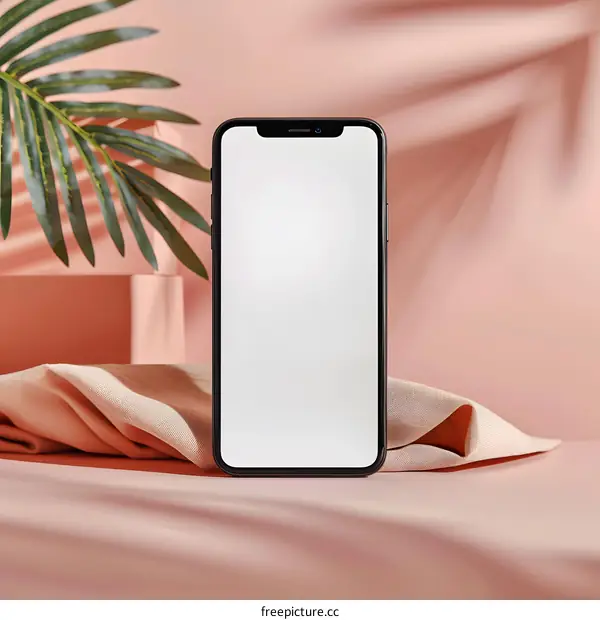 Blank Screen Smartphone Mockup On Pink Fabric Background With Palm Leaves
