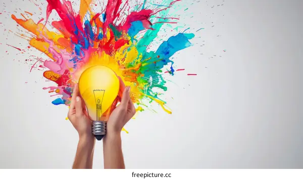 A hand holding a light bulb with colorful paint exploding out of it