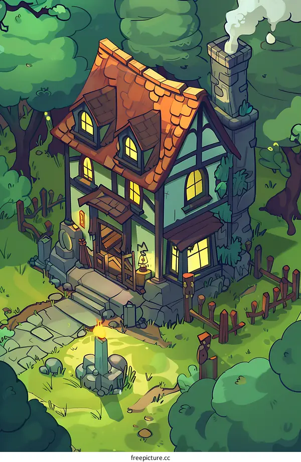 Cartoon Illustration of a Cottage in the Woods