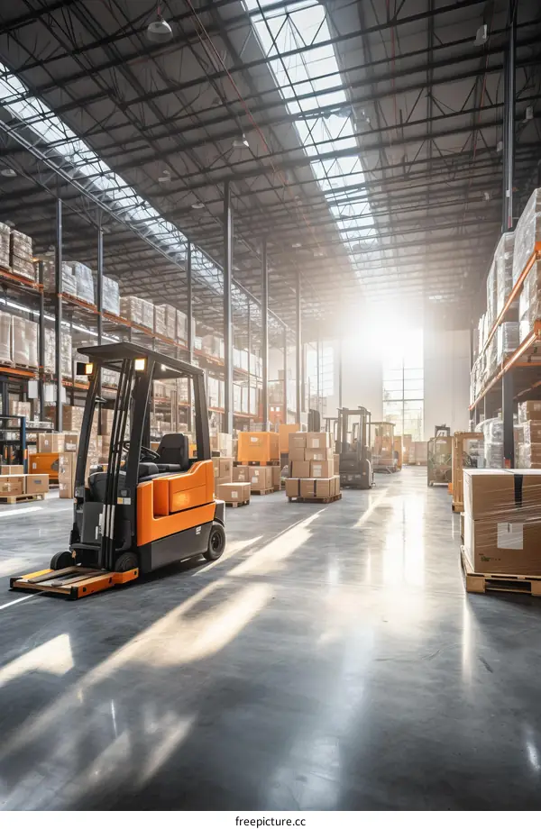 A large warehouse with forklifts and shelves full of boxes