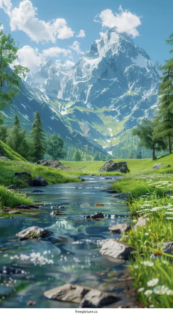 Snow-capped Mountain Landscape with River and Grassy Valley