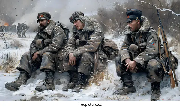Three soldiers resting in the snow