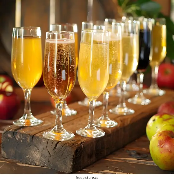 Close Up of Glasses of Cider on Wooden Plank