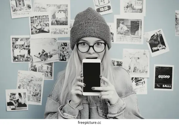 Teenage Girl Holding Smartphone in Front of Posters