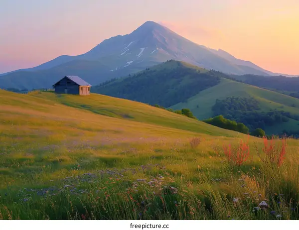 Small wooden house in the middle of a green hill with a big mountain in the background