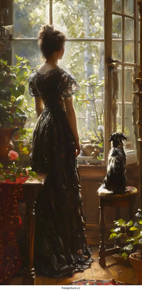 elegant woman standing by the window with a dog