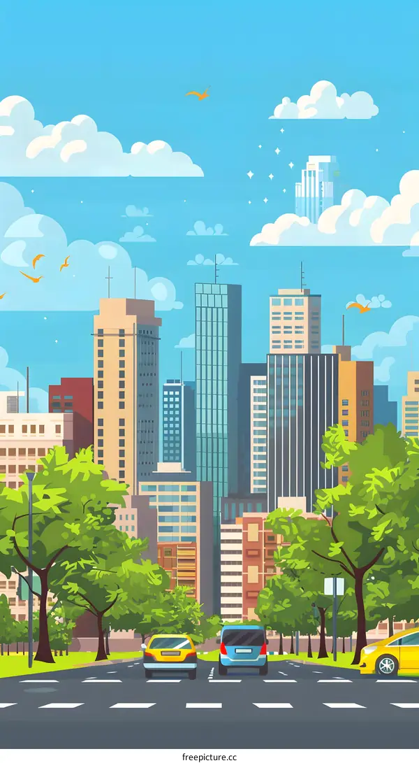 Cityscape with Tall Buildings and Cars on a Road