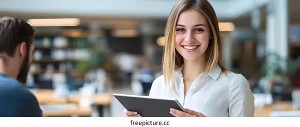 Smiling Young Woman Holding Tablet in Office