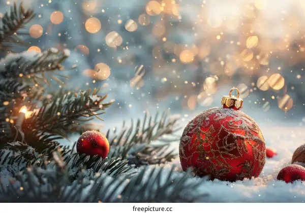 Golden Ornaments on a Snowy Fir Branch