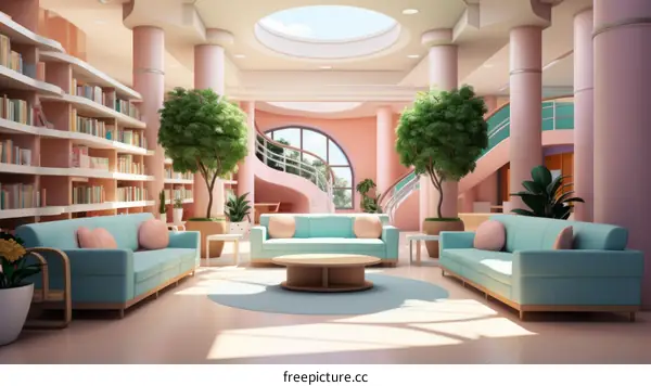 retro pink and blue pastel color living room interior design