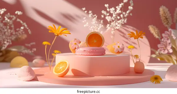 Pink Macaron on a Pink Platform with Oranges and Flowers