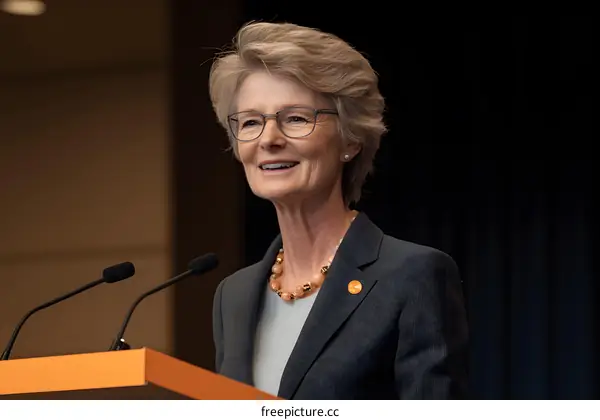 Smiling Woman in Black Suit Giving Speech at Podium with Microphones