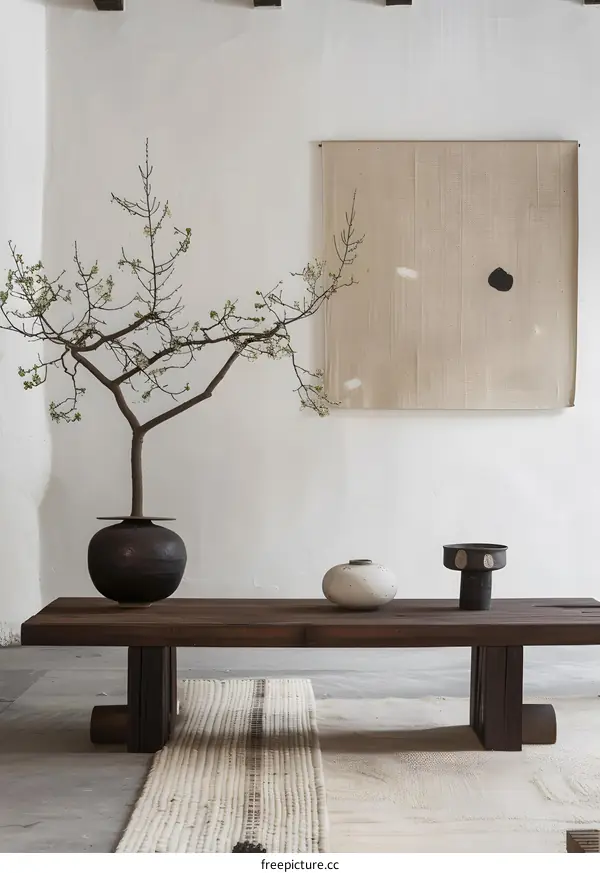 Minimalist Japanese Style Interior Design with Wooden Table and Flower Arrangement