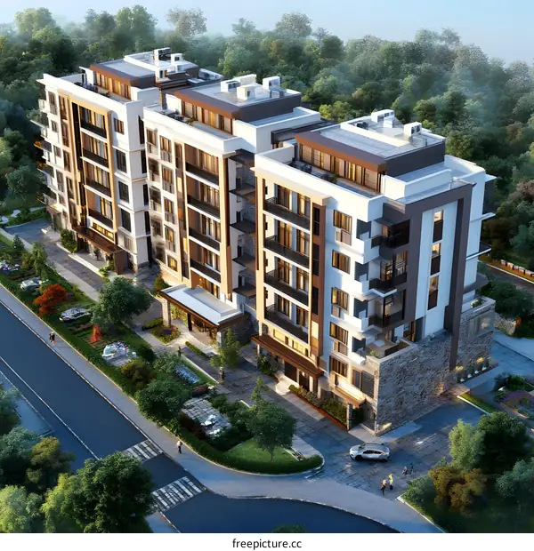 Modern Residential Building Design with Green Landscape