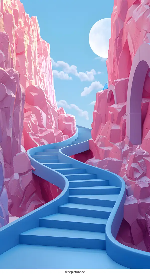 Pink surreal stairs going up through a canyon