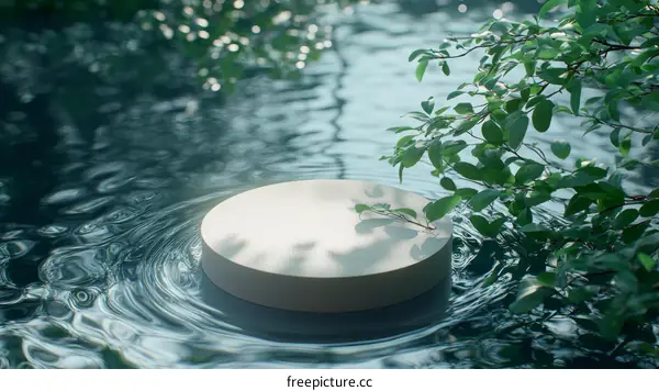 White Circle Podium on Rippled Water with Nature