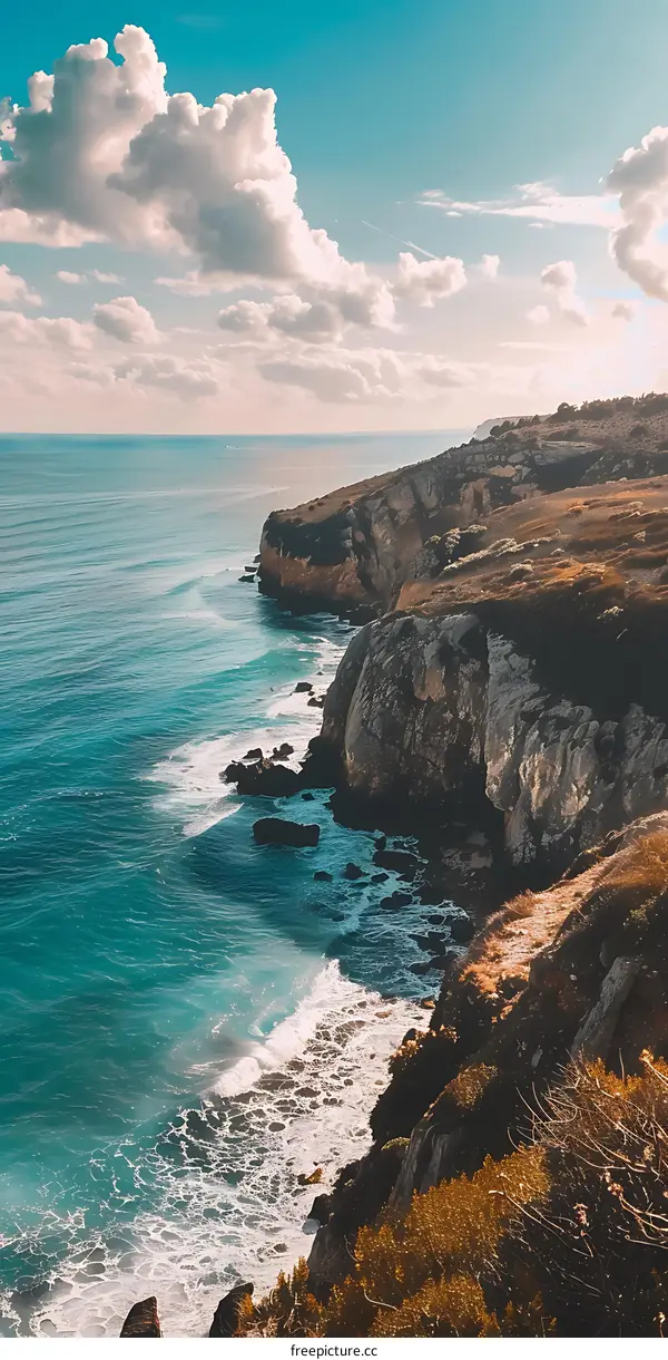 Sea Cliffs and Blue Sky with White Clouds