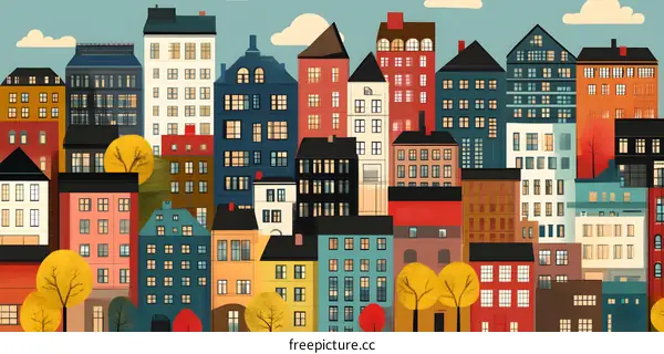 Colorful Cityscape Illustration with Buildings and Trees