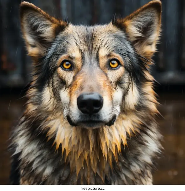 Portrait of a Wet Wolfdog Looking at the Camera