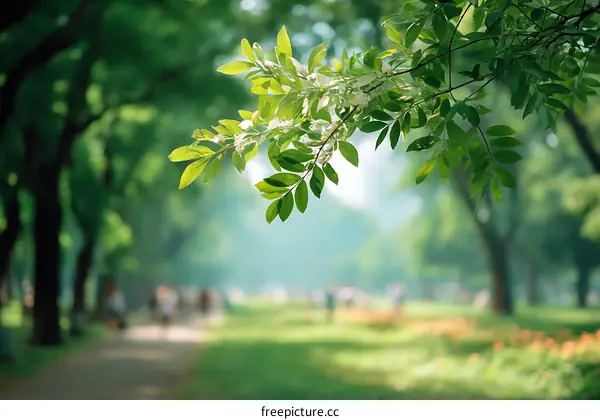 Park Path with Lush Green Trees and Leaves