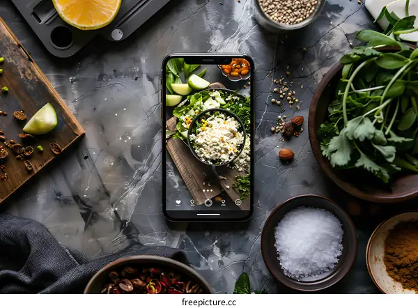 Food Photography on Smartphone Screen with Ingredients Around