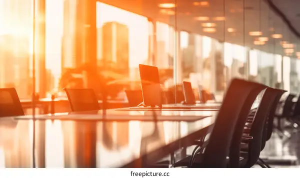 Modern empty conference room with glass walls and a large wooden table in the center