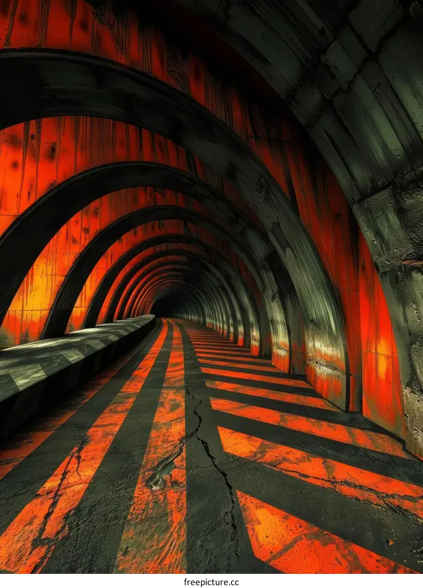 Futuristic tunnel with glowing red stripes and concrete walls