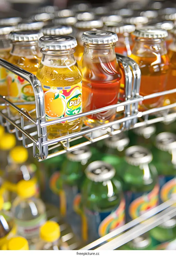 Close Up of Glass Bottles of Juice in a Cooler