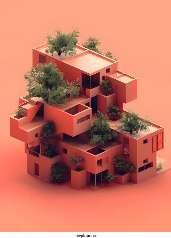 Abstract Minimalist Architecture Illustration with Trees on Top