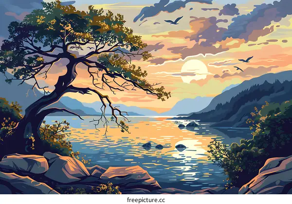 Sunset Landscape with Mountains and a Tree