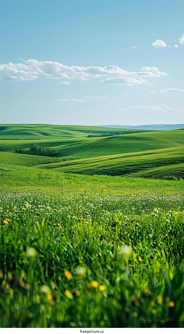Vast green rolling hills under blue sky with white clouds
