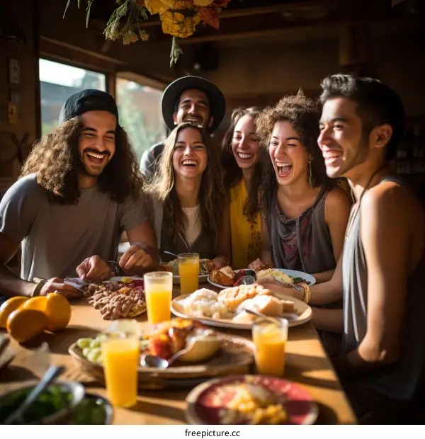 A group of diverse friends laughing and enjoying a meal together at a restaurant