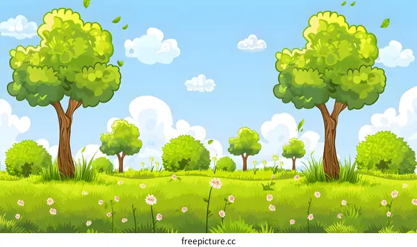 Green Meadow With Trees and Blue Sky