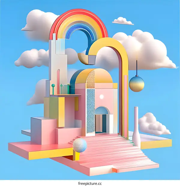 Abstract 3D Illustration of a Building with a Rainbow and Clouds