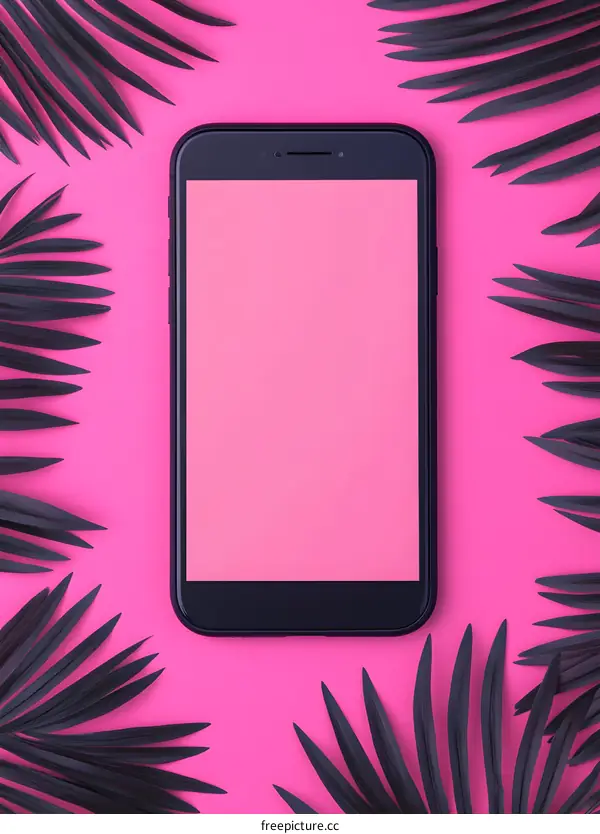 Black Smartphone on Pink Background With Palm Leaves