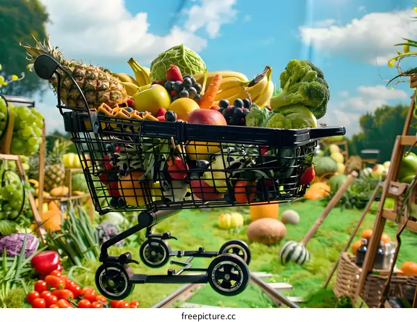 Full Shopping Cart of Fresh Fruits and Vegetables