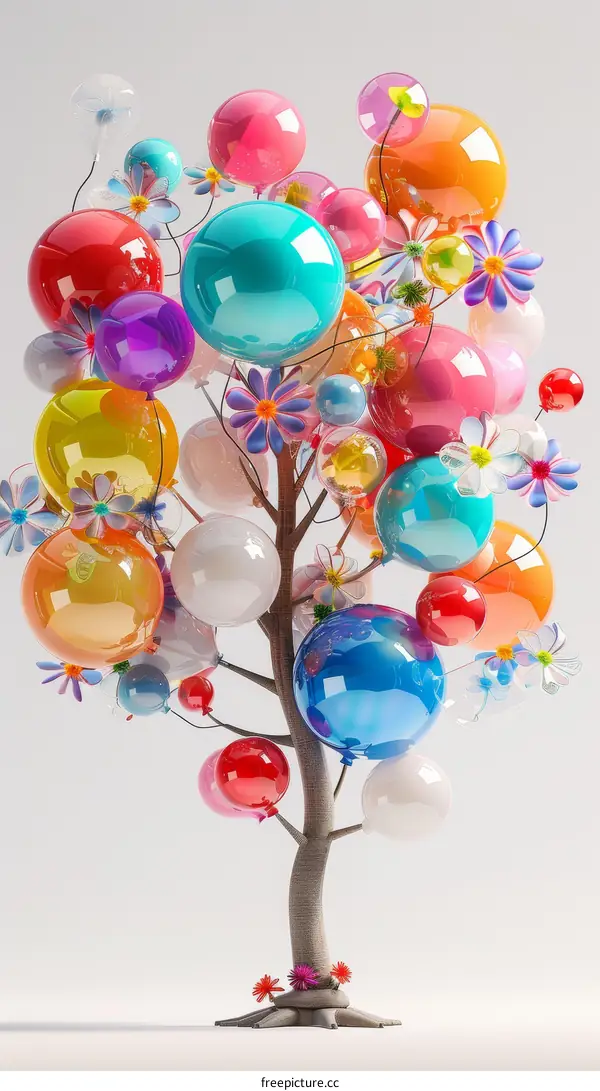 Colorful balloons and flowers form a whimsical tree