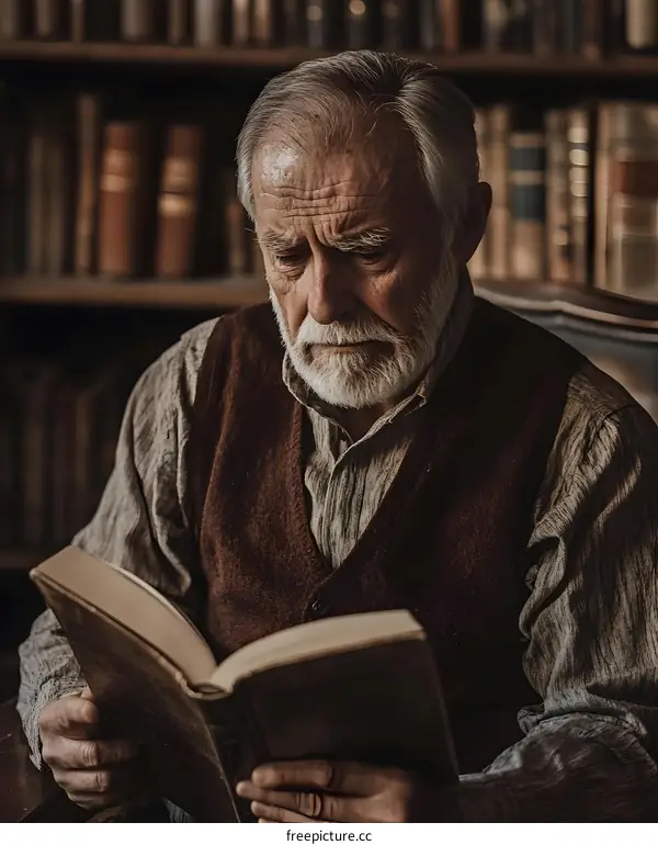 Old Man Reading a Book in a Library
