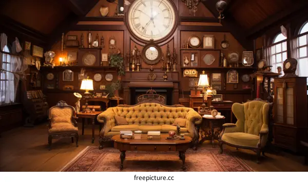 A room filled with antique clocks and furniture