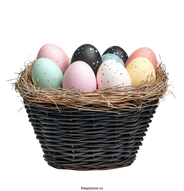 [Transparent Background PNG]Easter Eggs in a Black Wicker Basket